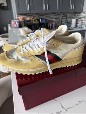 Gucci Men’s Yellow Suede & Cream Nylon Sneakers with Green-Red Stripe